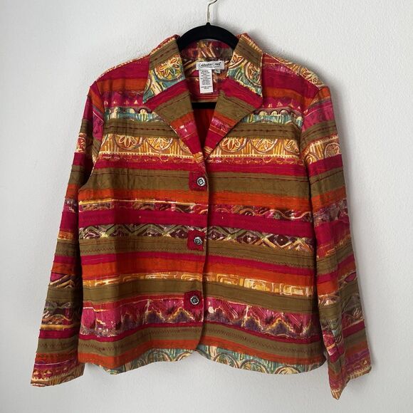Coldwater Creek Blazer Jacket Petite Large PL Red Patchwork Boho Hippie Artsy - Picture 1 of 7